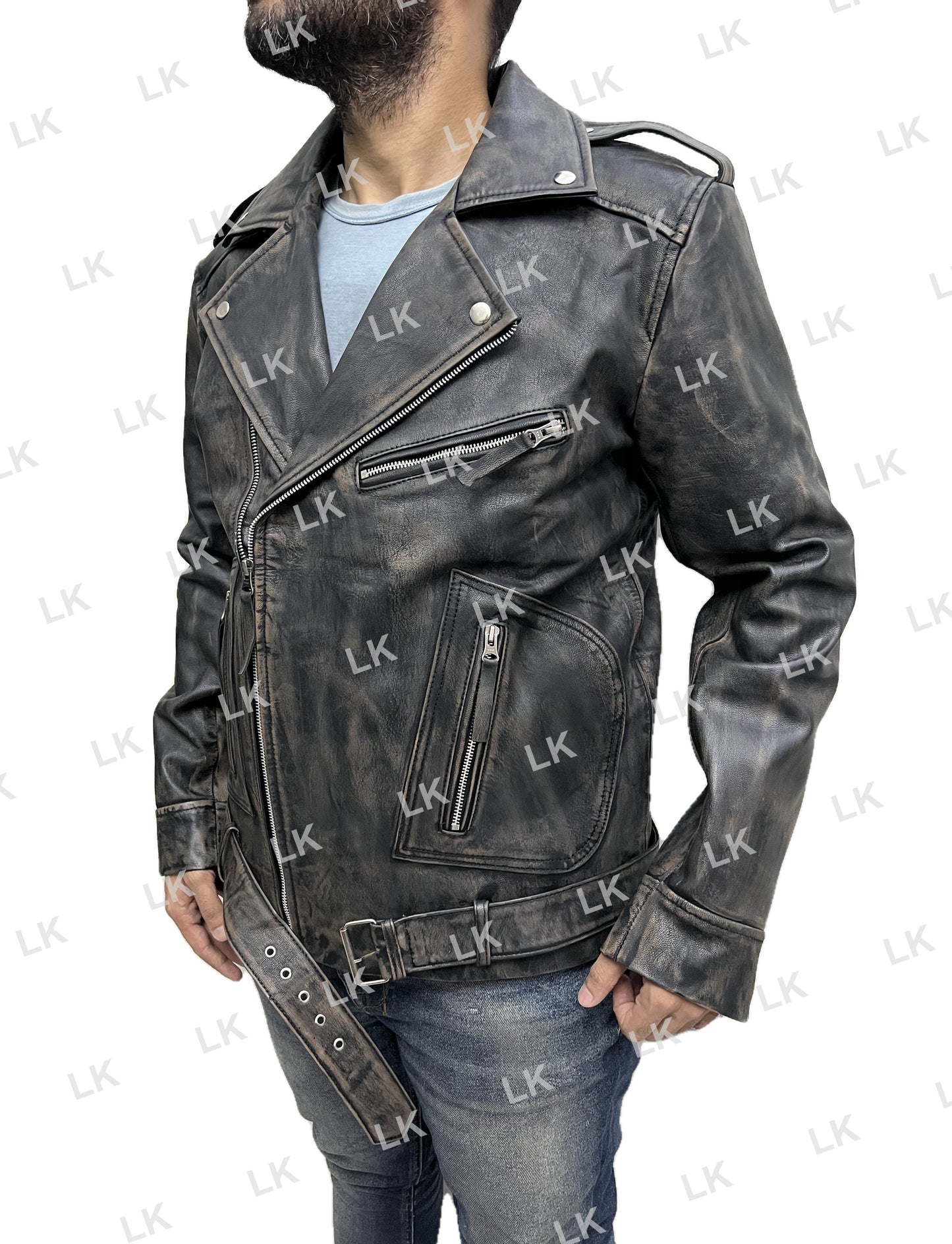Men Marlon Brando Police Style Terminator Distressed Biker Real Leather Jacket
