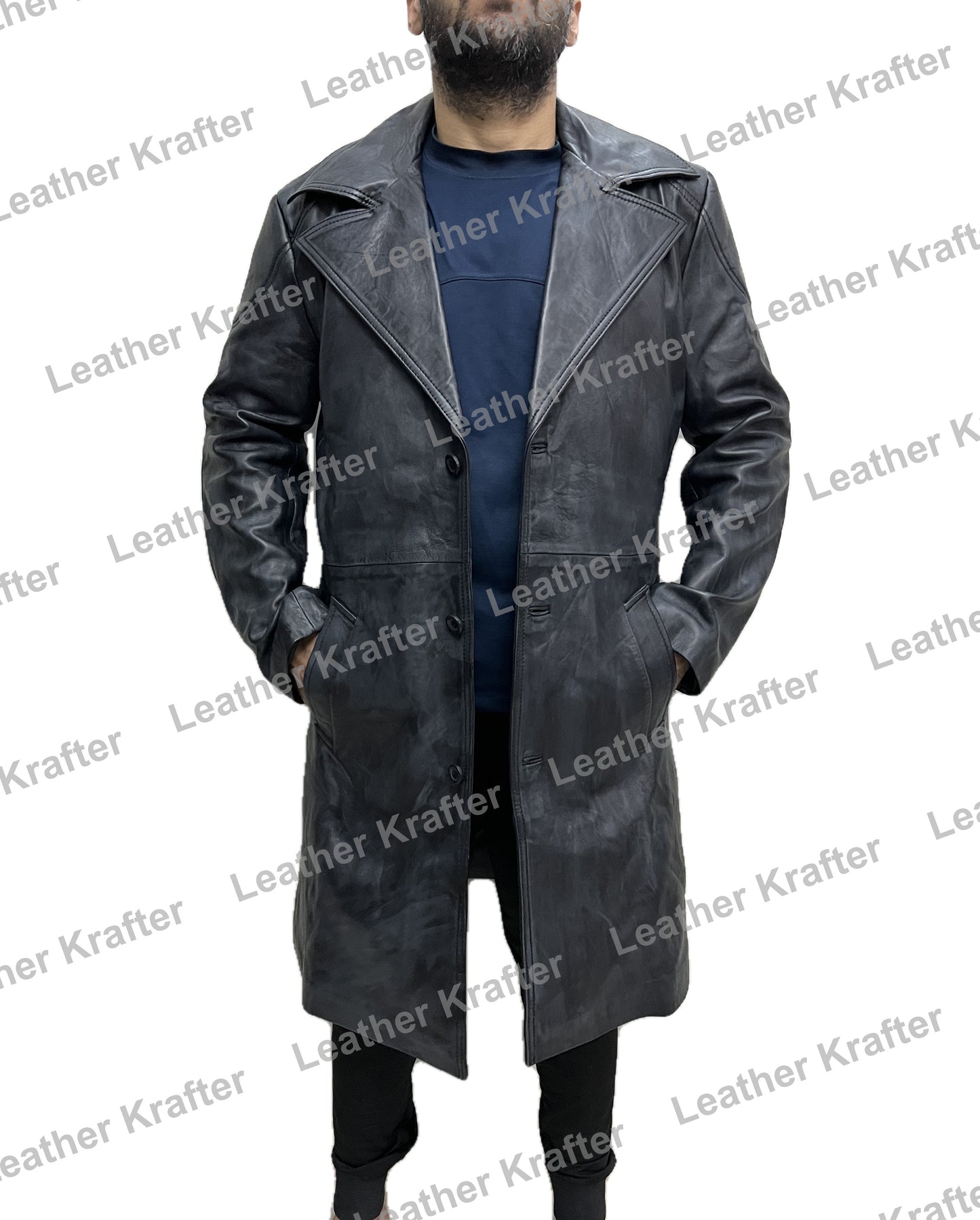 Stylish distressed real leather long trench coat inspired by Billy Butcher from The Boys – front pose