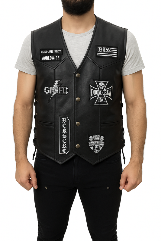 Black Label Society biker leather vest front view with embroidered patches, Doom Crew Inc, Berserker, and BLS Worldwide design.