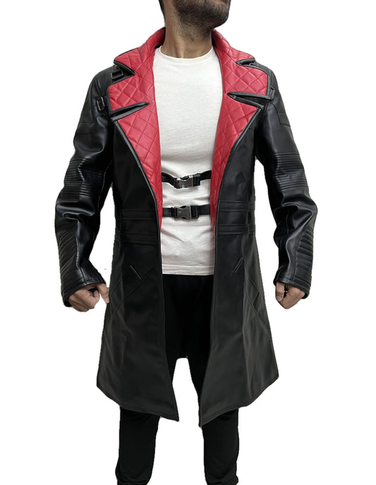 Cyberpunk Solomon Reed Idris Elba black and red trench leather coat front view – inspired by Cyberpunk 2077 Phantom Liberty