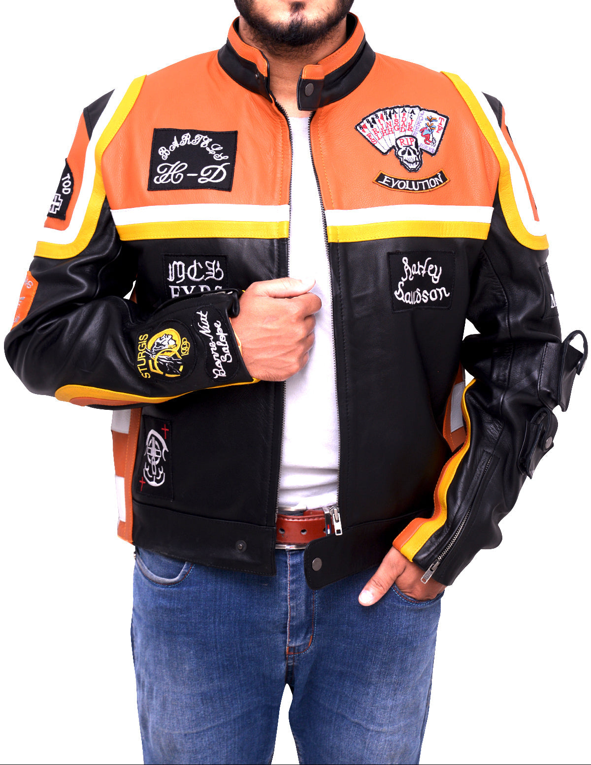 Angled front view of HDM style real leather motorcycle jacket with yellow stripe detail and sleeve graphics