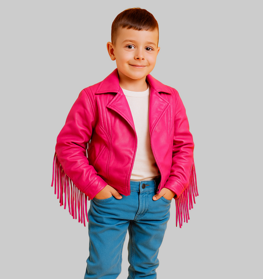Kids Minecraft Jason Momoa Garett Garrison pink biker leather jacket with fringe details premium cosplay outerwear for kids.