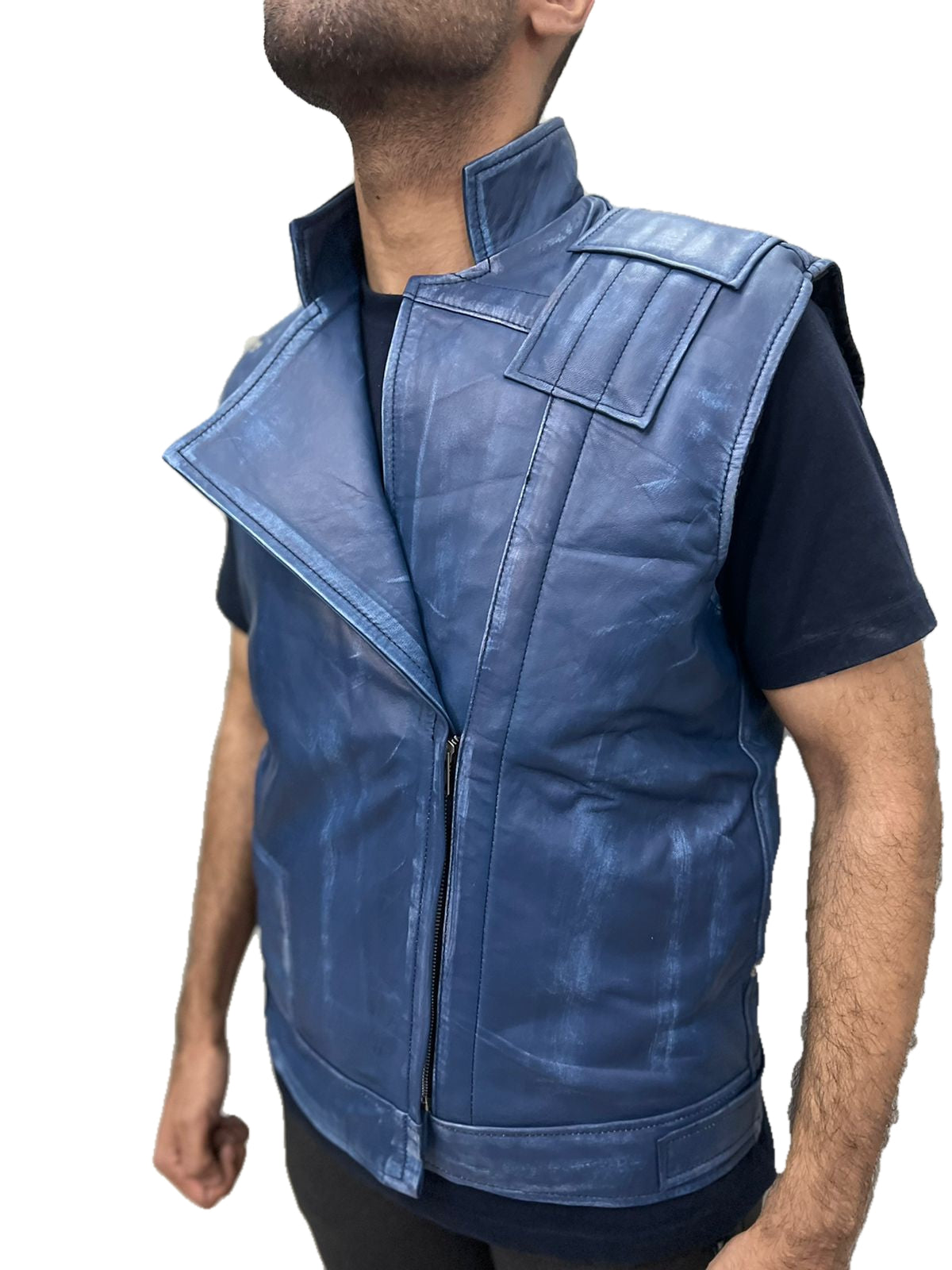 Star Wars Jedi Survivor Cal Kestis Leather Vest side angle – premium blue leather cosplay vest with stand-up collar and detailed stitching