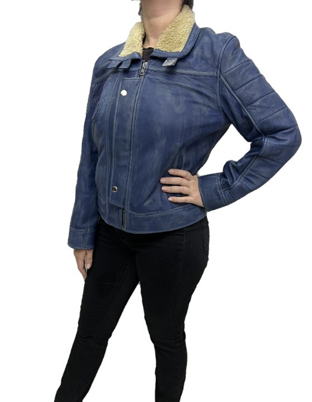 Women’s blue retro distressed Star Wars Outlaws jacket premium real leather motorcycle style angle view