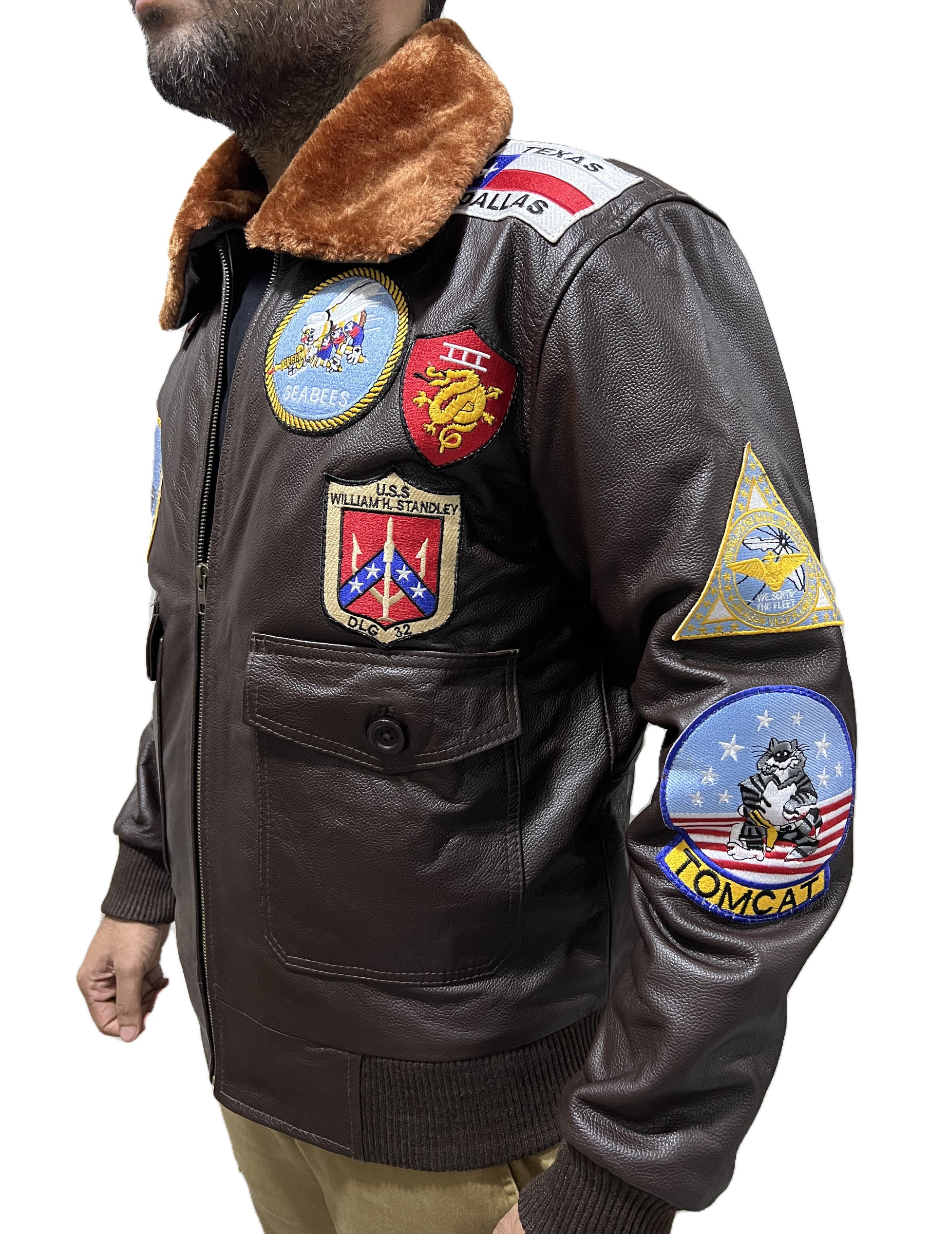 Right side angle Top Gun Maverick bomber leather jacket showcasing sleeve patches & fur collar