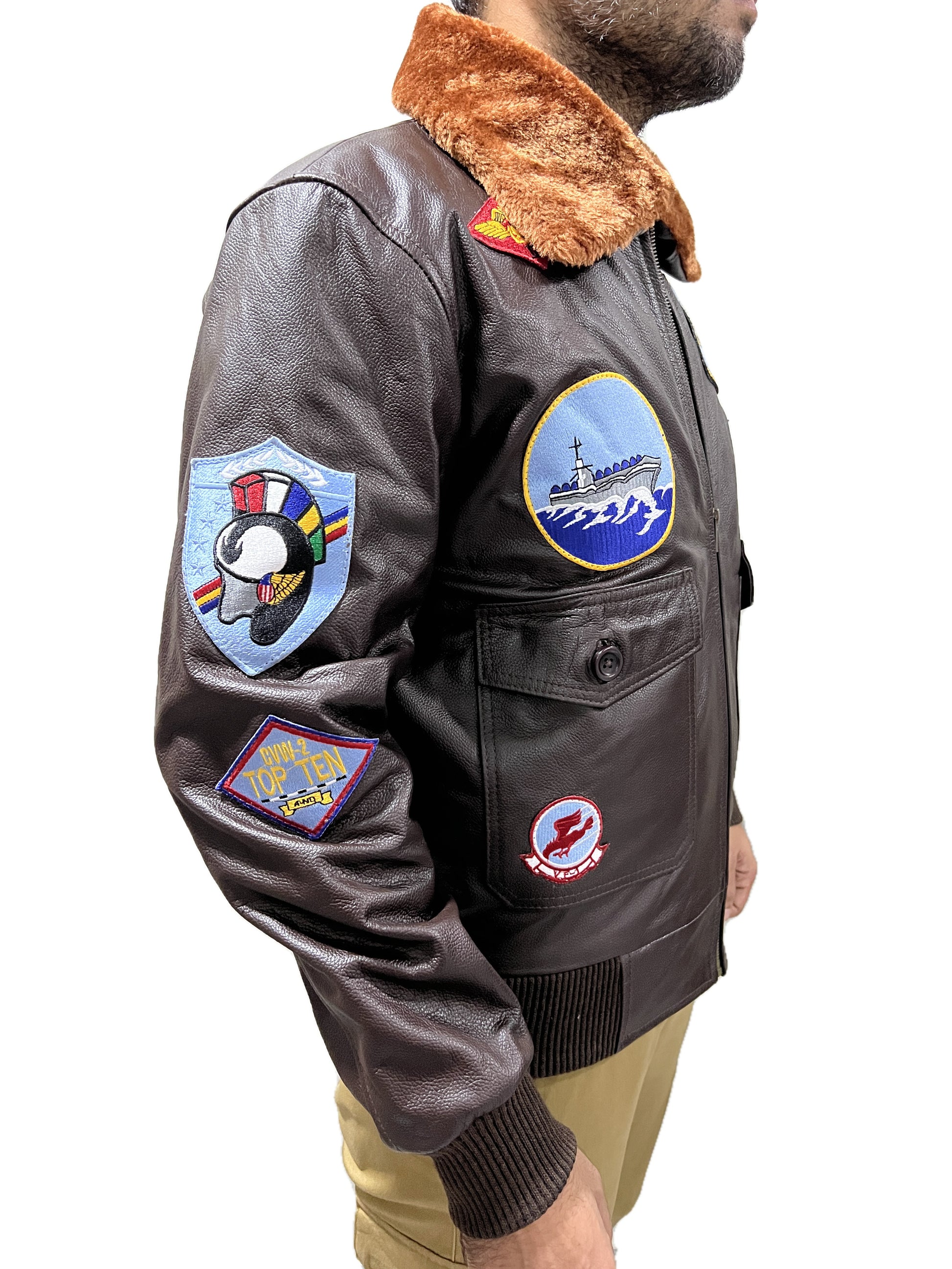 Side angle Top Gun Pete Maverick brown leather bomber jacket with embroidered patches & fur collar