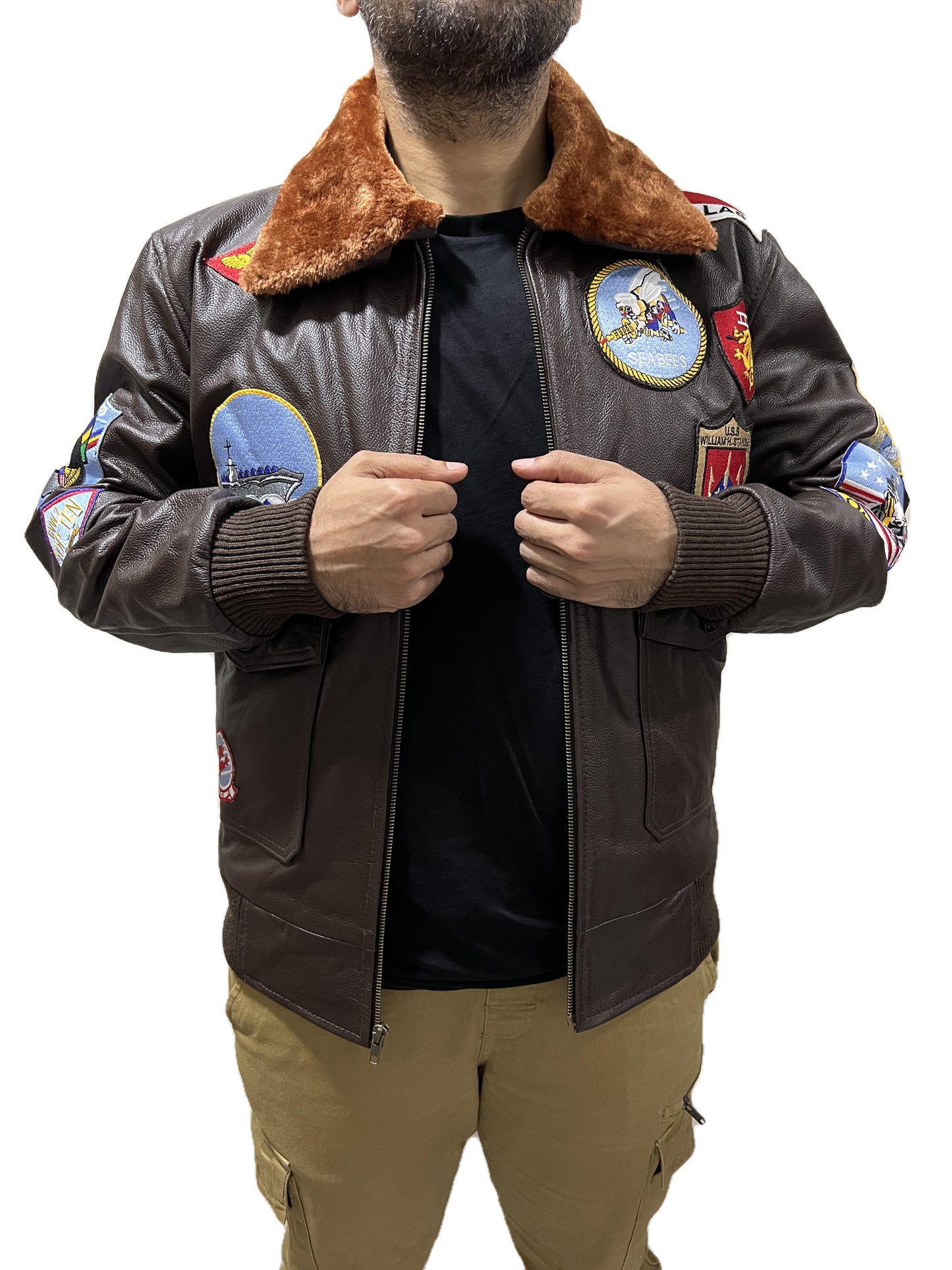Front close-up Top Gun Pete Maverick Tom Cruise brown bomber jacket with detailed patches
