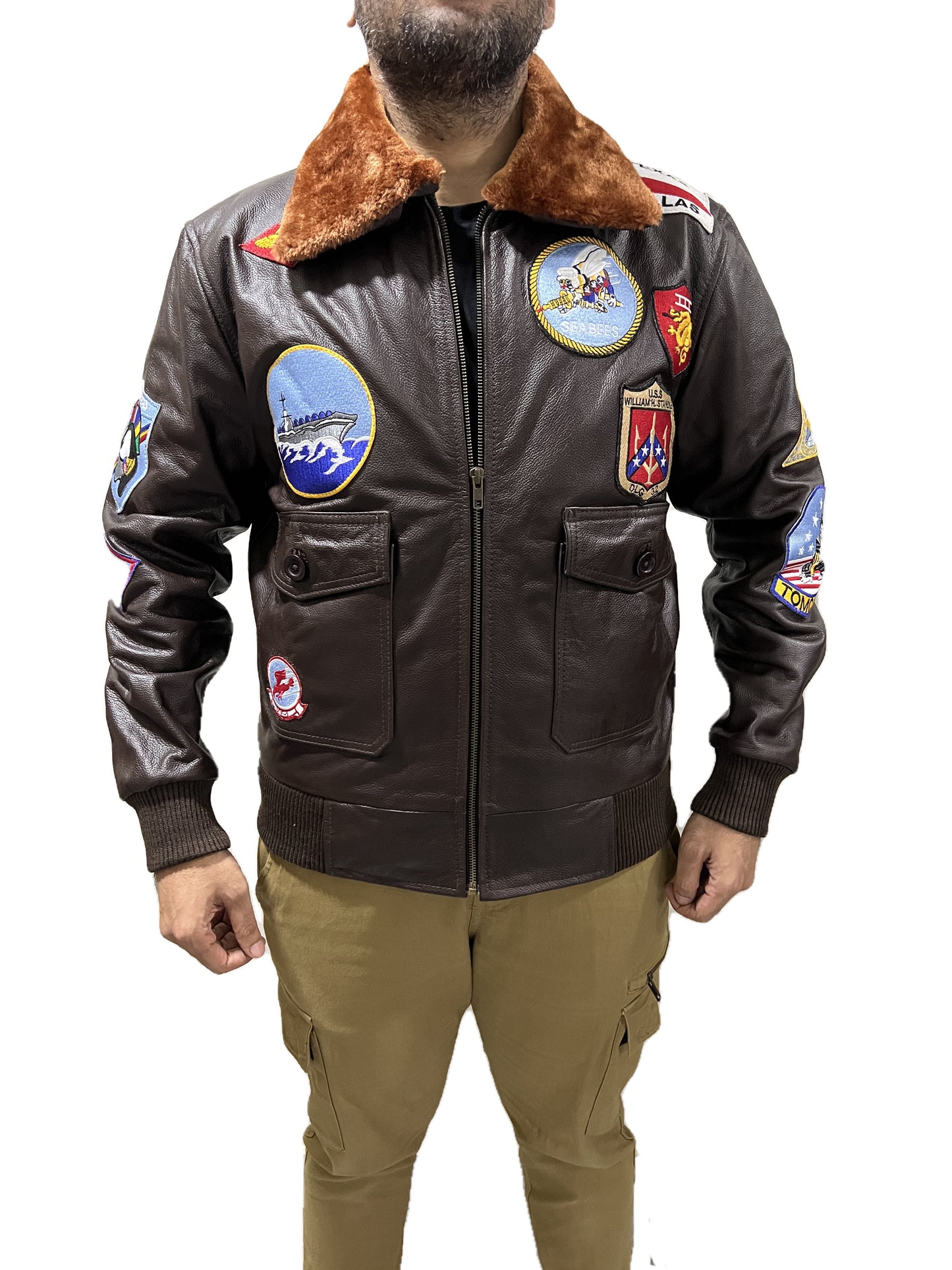 Full front Vintage Top Gun pilot leather bomber jacket with fur collar & front pockets
