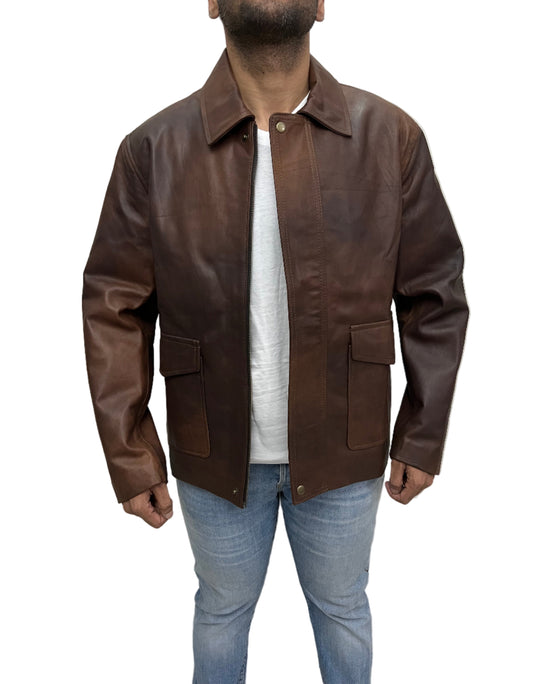 Indiana Jones brown distressed leather jacket open front style with zipper and button closure – Harrison Ford movie replica