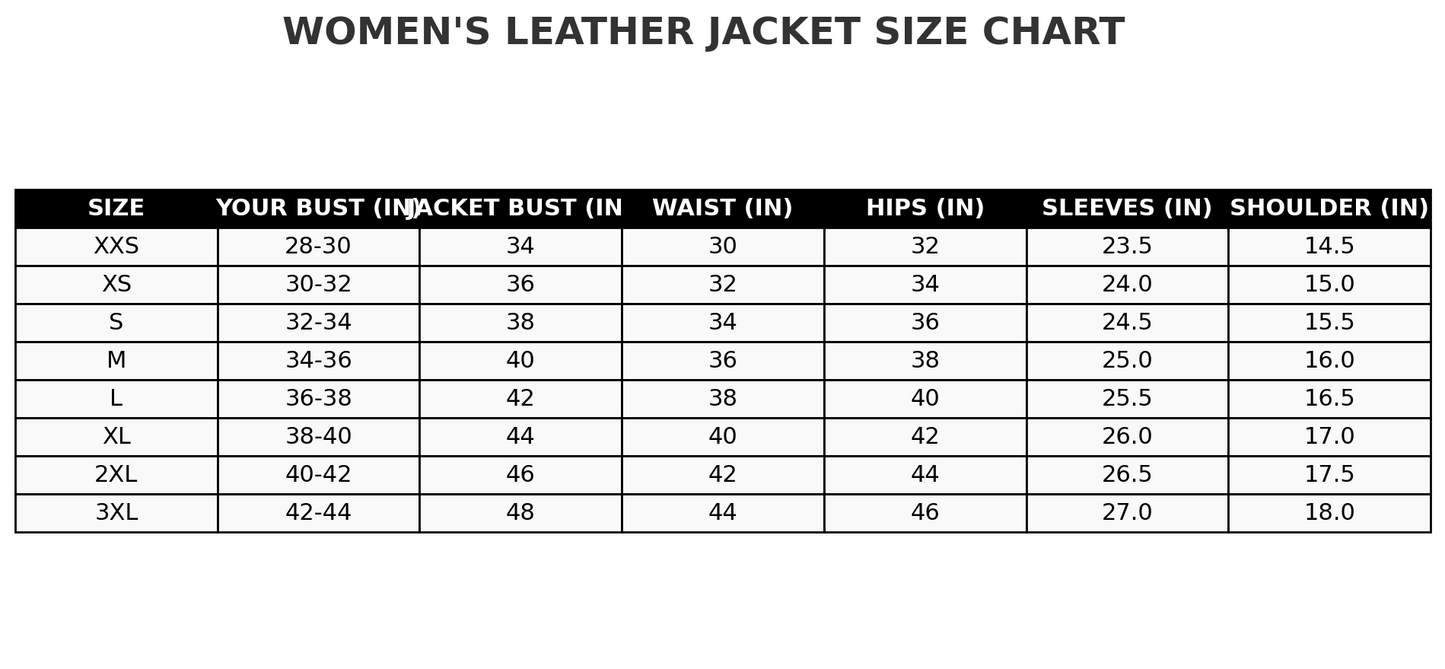 Women's leather jacket size chart on a white background