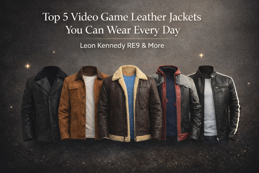 Top 5 video game leather jackets for everyday wear featuring Leon Kennedy Resident Evil RE9 leather jacket, Joel Miller TLOU suede jacket, Red Hood Arkham Knight biker jacket and more premium real leather designs