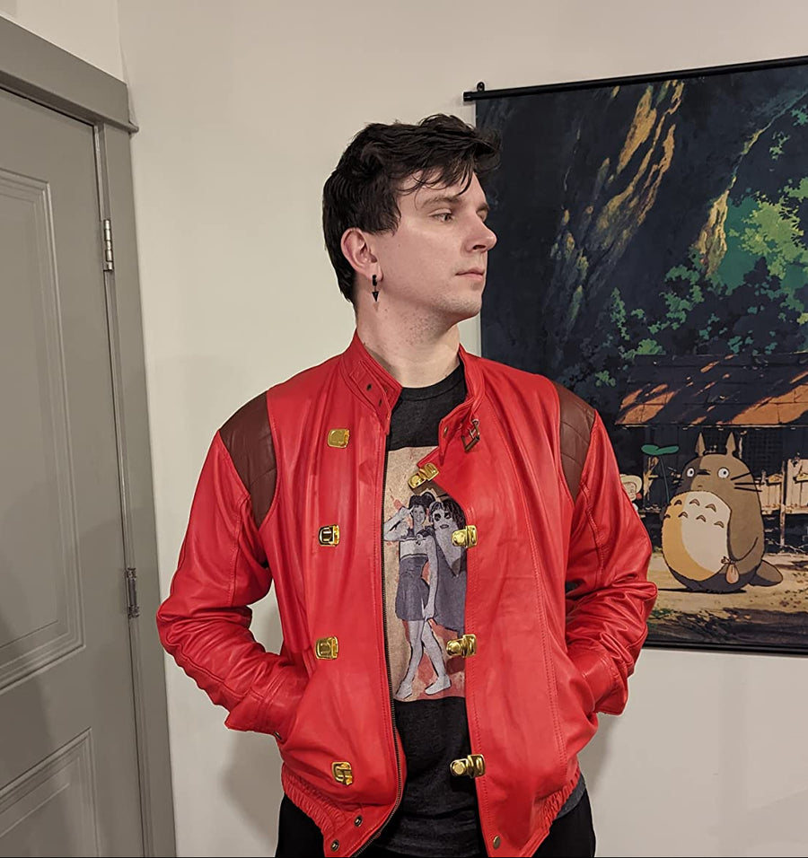 Customer wearing Akira Kaneda Anime Capsule Biker Bomber Real Leather Jacket