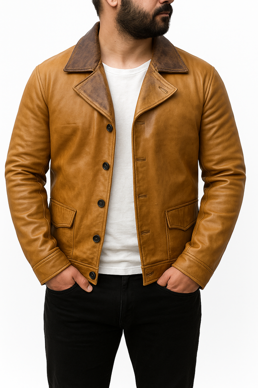Red Dead Redemption 2 Arthur Morgan Real Leather Jacket front view – genuine tan brown cowboy jacket for men inspired by Arthur Morgan.