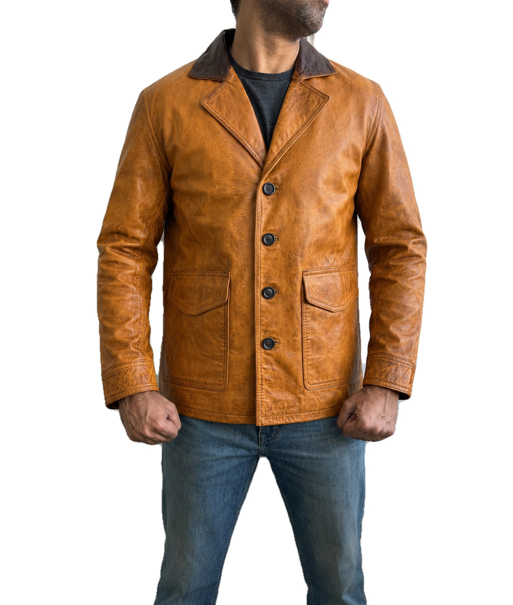 Arthur Morgan Red Dead Redemption RDR 2 cowboy real leather jacket in distressed tan brown with dark collar and four button front.