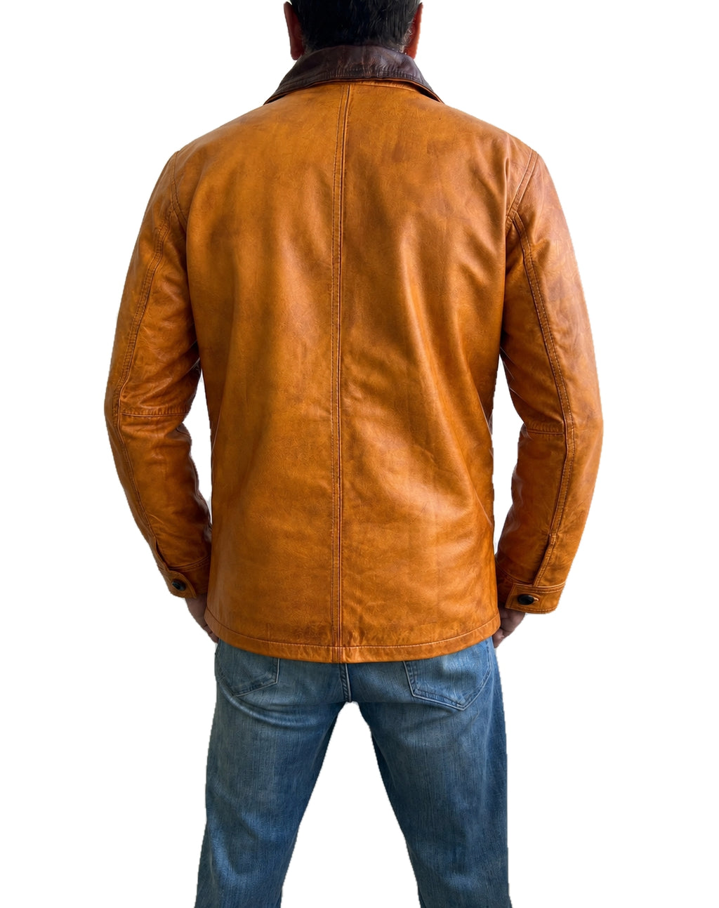 Back view of Arthur Morgan Red Dead Redemption RDR 2 cowboy leather jacket featuring distressed tan brown leather, dark collar and central rear seam.