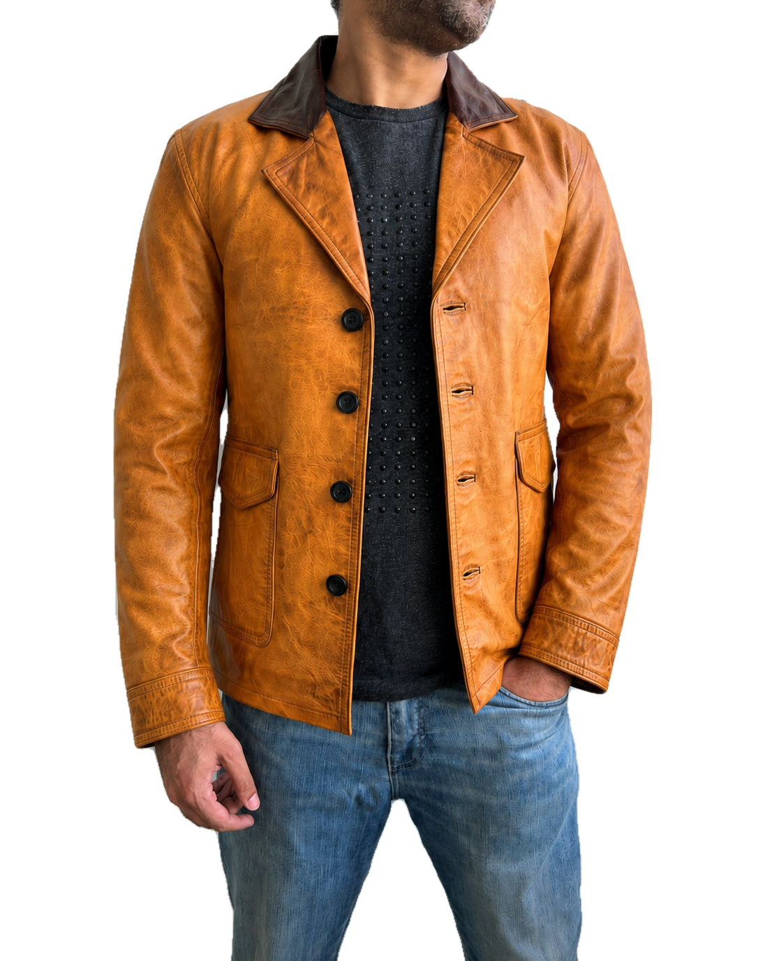 Arthur Morgan Red Dead Redemption 2 leather jacket shown open with wide lapels, four button closure and large flap pockets.