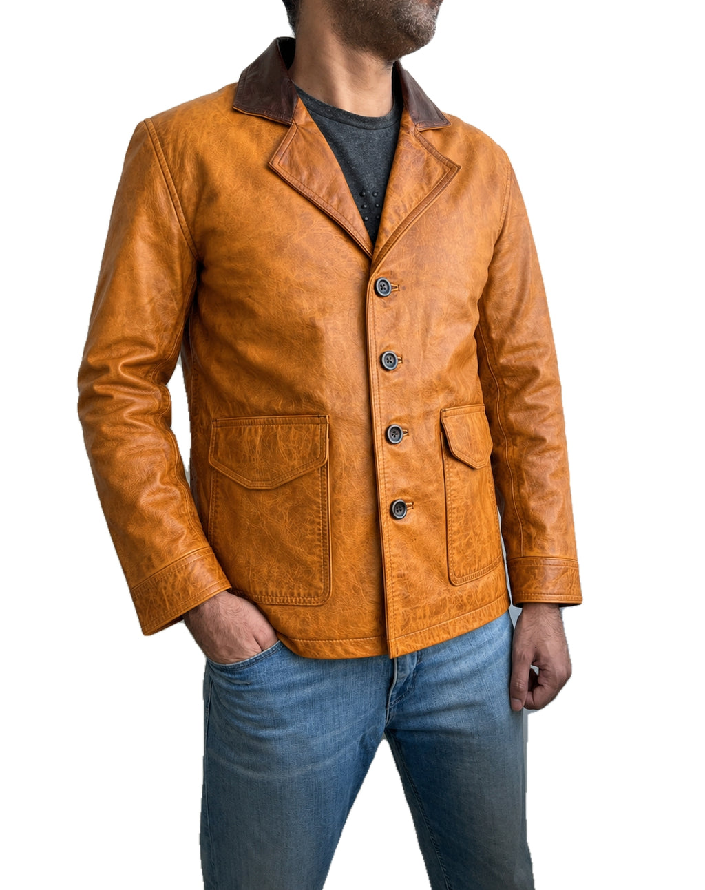 Angled view of Arthur Morgan Red Dead Redemption RDR 2 cowboy real leather jacket with vintage tan finish, dark brown collar and front patch pockets.