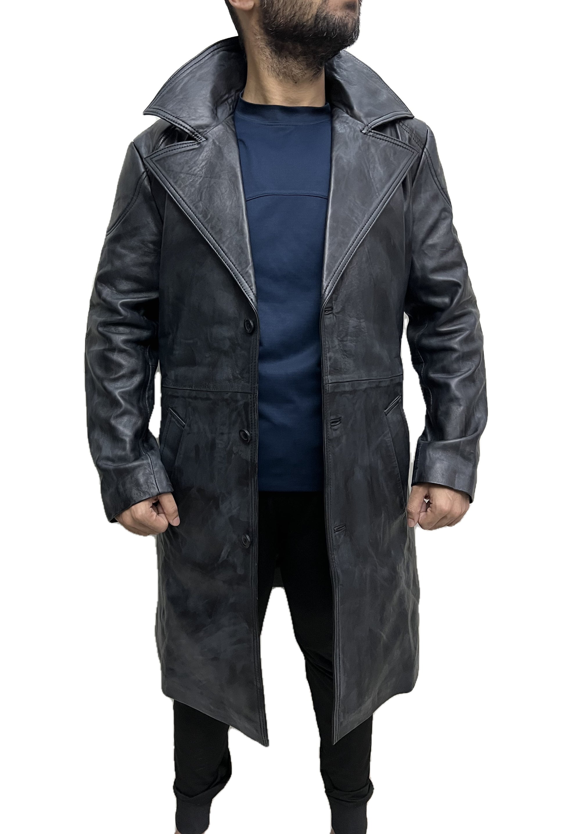 Front view of Billy Butcher Karl Urban The Boys distressed real leather trench coat in black