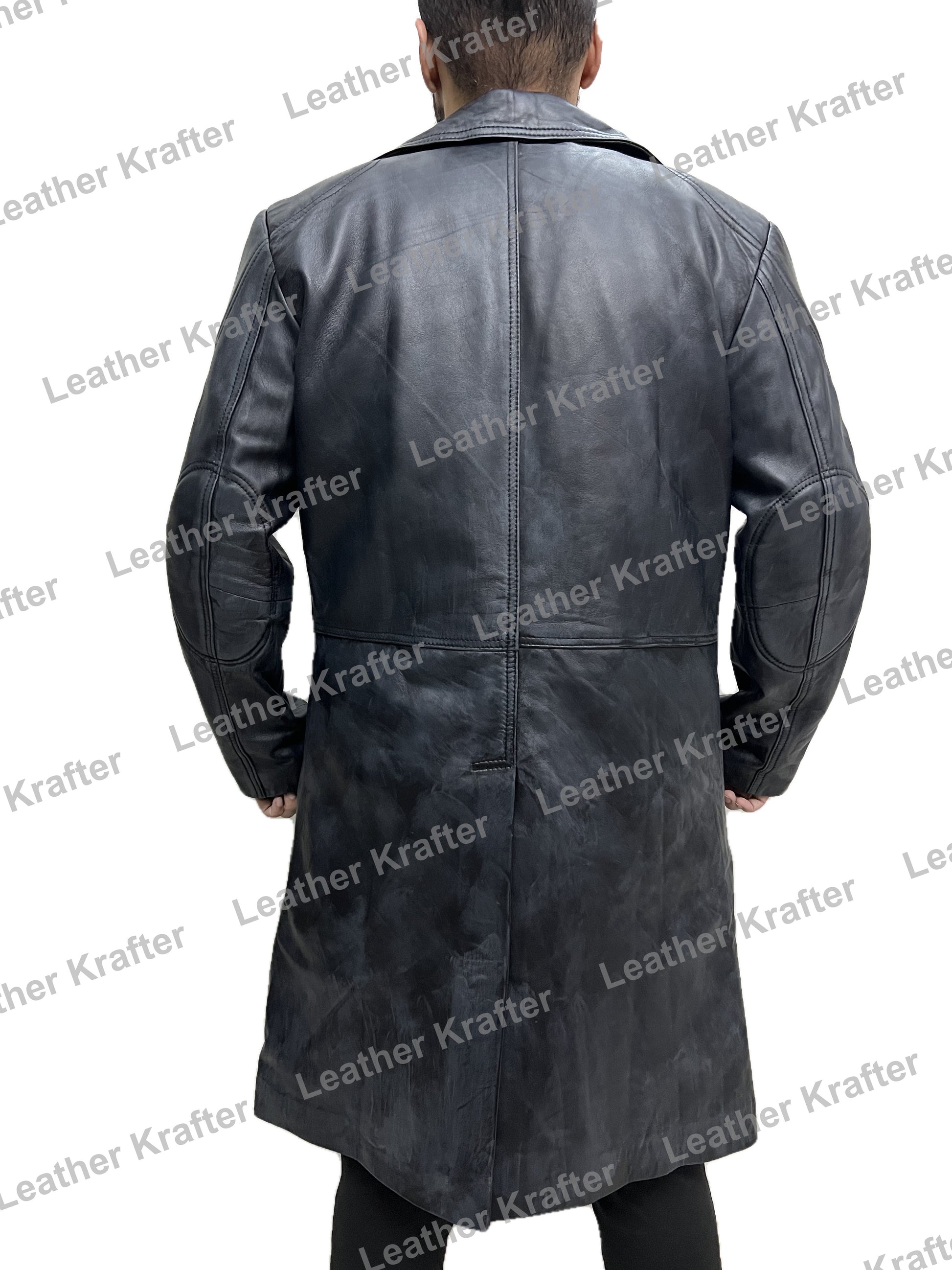 Back view of Billy Butcher Karl Urban The Boys distressed black leather trench coat