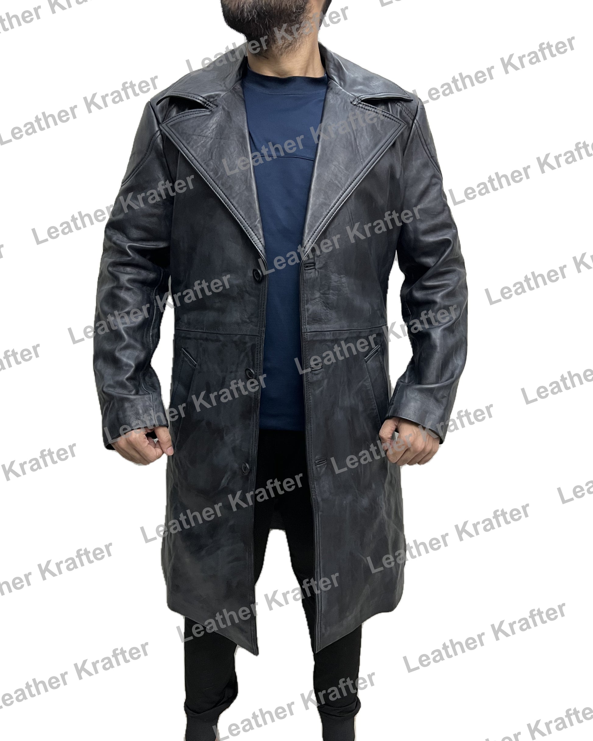 High-quality button-up distressed black leather trench coat inspired by Billy Butcher character