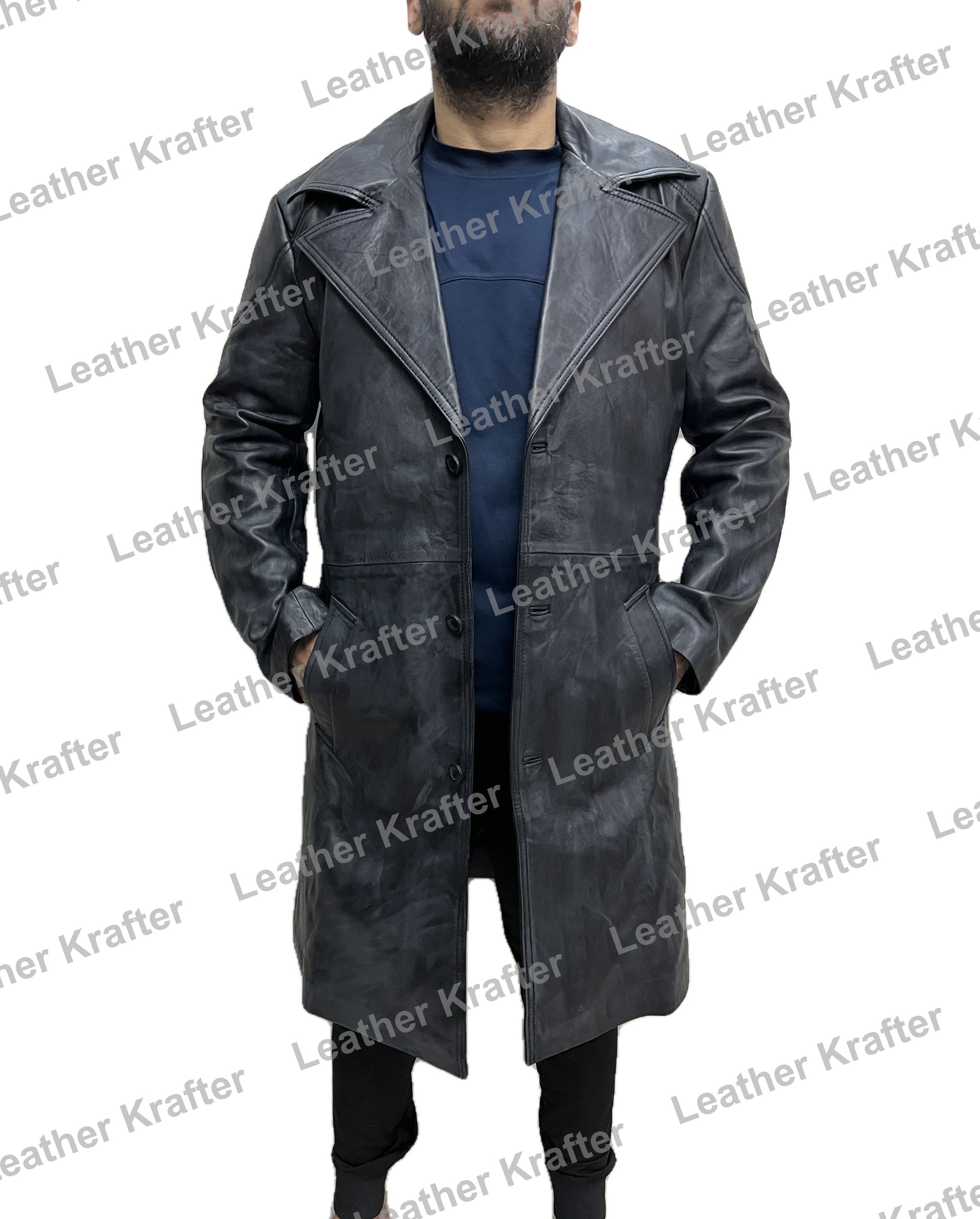 Stylish distressed real leather long trench coat inspired by Billy Butcher from The Boys – front pose