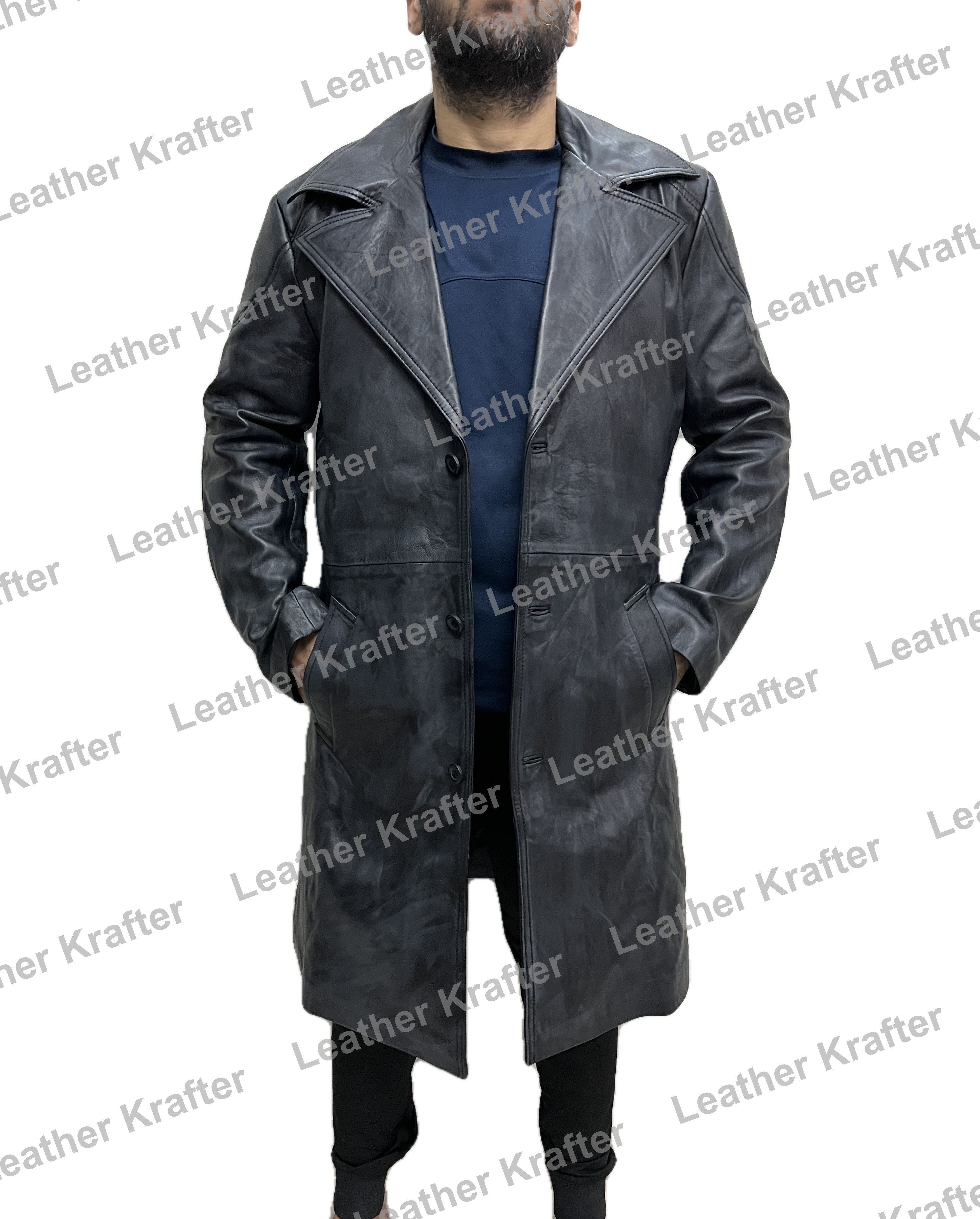 Stylish distressed real leather long trench coat inspired by Billy Butcher from The Boys – front pose