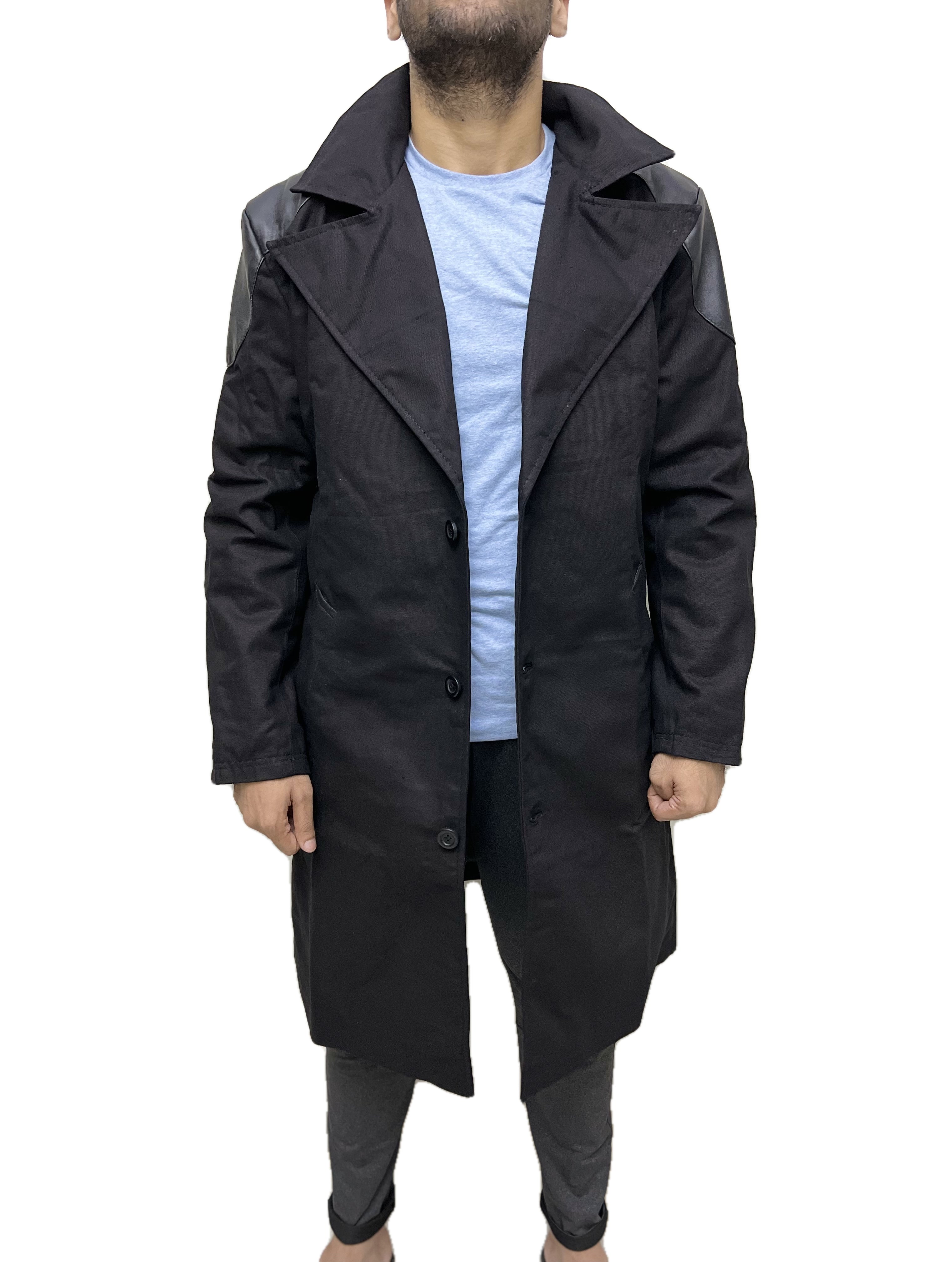 Billy Butcher The Boys Karl Urban black cotton trench coat front view worn by model