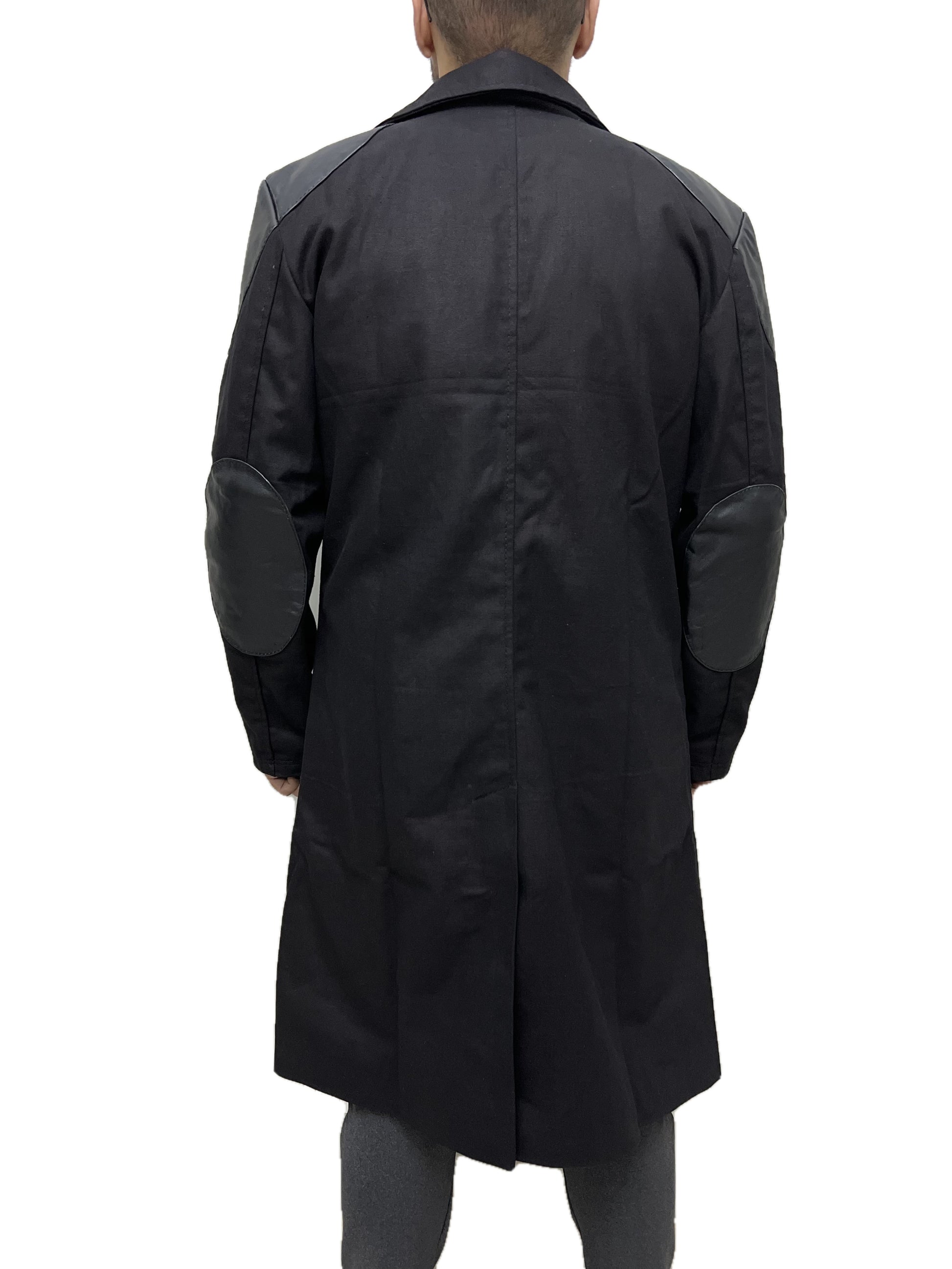 Back view of Billy Butcher The Boys long black cotton trench coat with leather shoulder patches