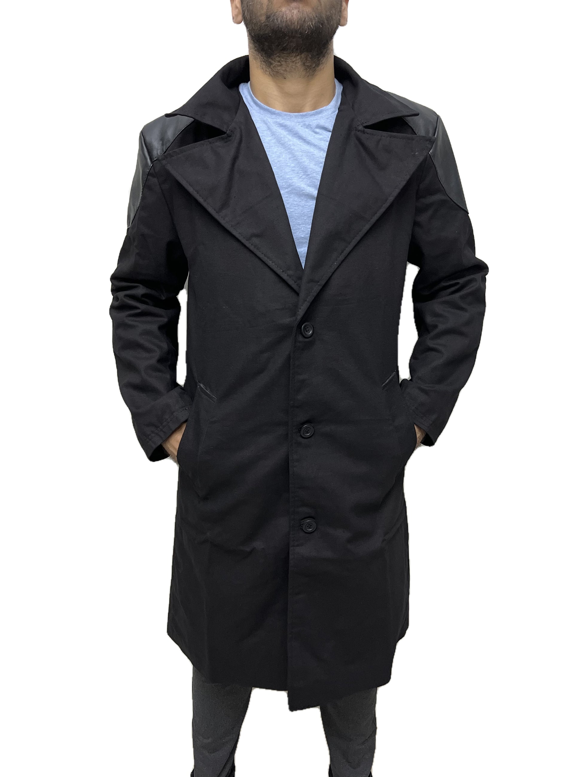 Billy Butcher inspired cotton long coat for men featuring wide lapel collar and button closure