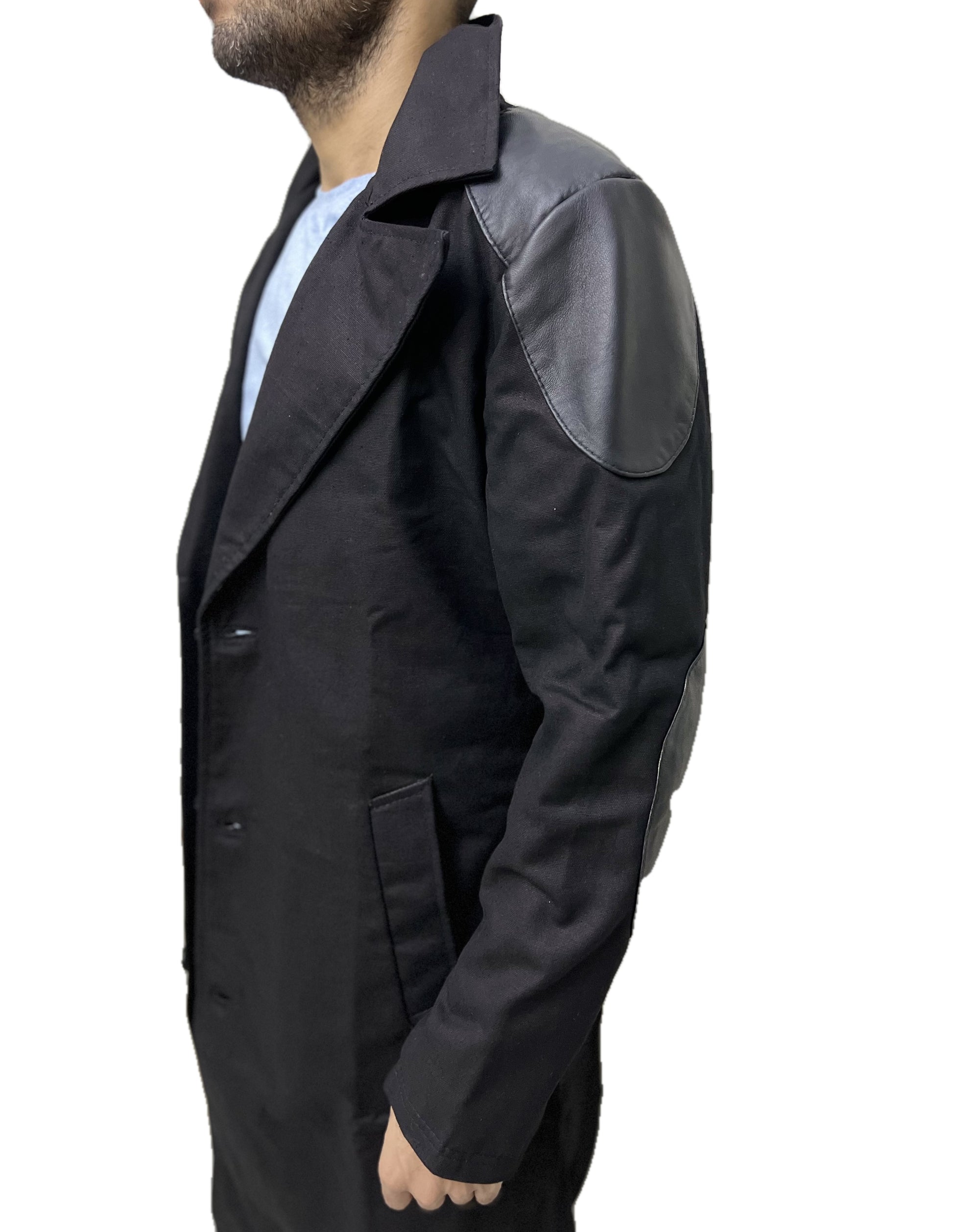 Side view of Billy Butcher The Boys Karl Urban trench coat showing leather shoulder and elbow patches