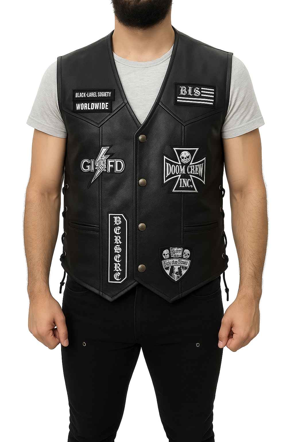Black Label Society biker leather vest front view with embroidered patches, Doom Crew Inc, Berserker, and BLS Worldwide design.