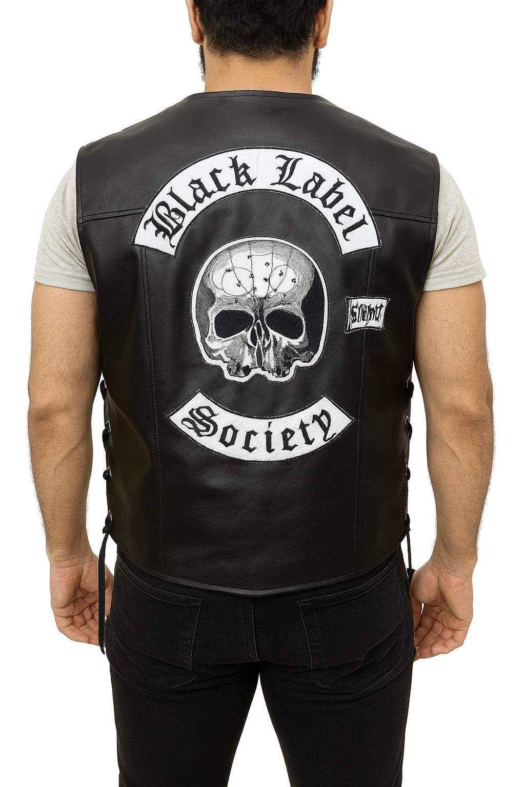 Black Label Society Skull Biker Leather Vest back view featuring large skull logo and Black Label Society text embroidery.