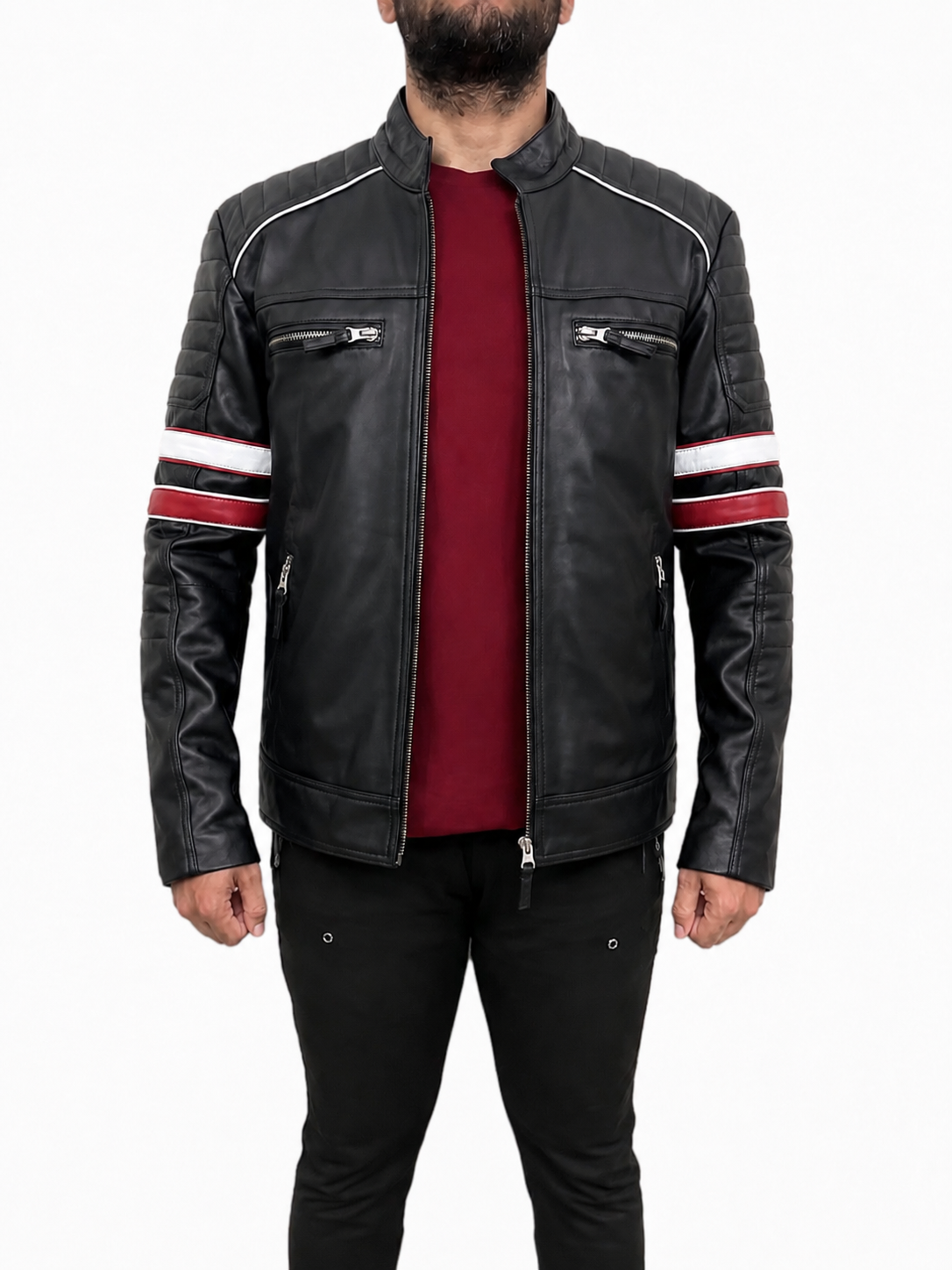 Men’s cafe racer leather jacket in black with moto-style padded shoulders and dual chest zippers open front style.