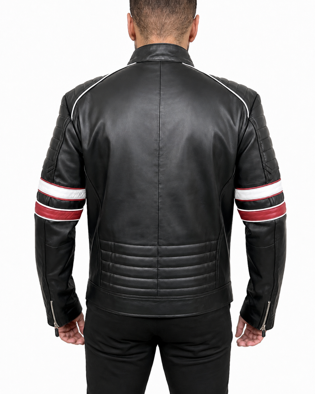 Classic biker real leather cafe racer jacket for men featuring zipped pockets and white–red arm detailing hands in pockets back pose.