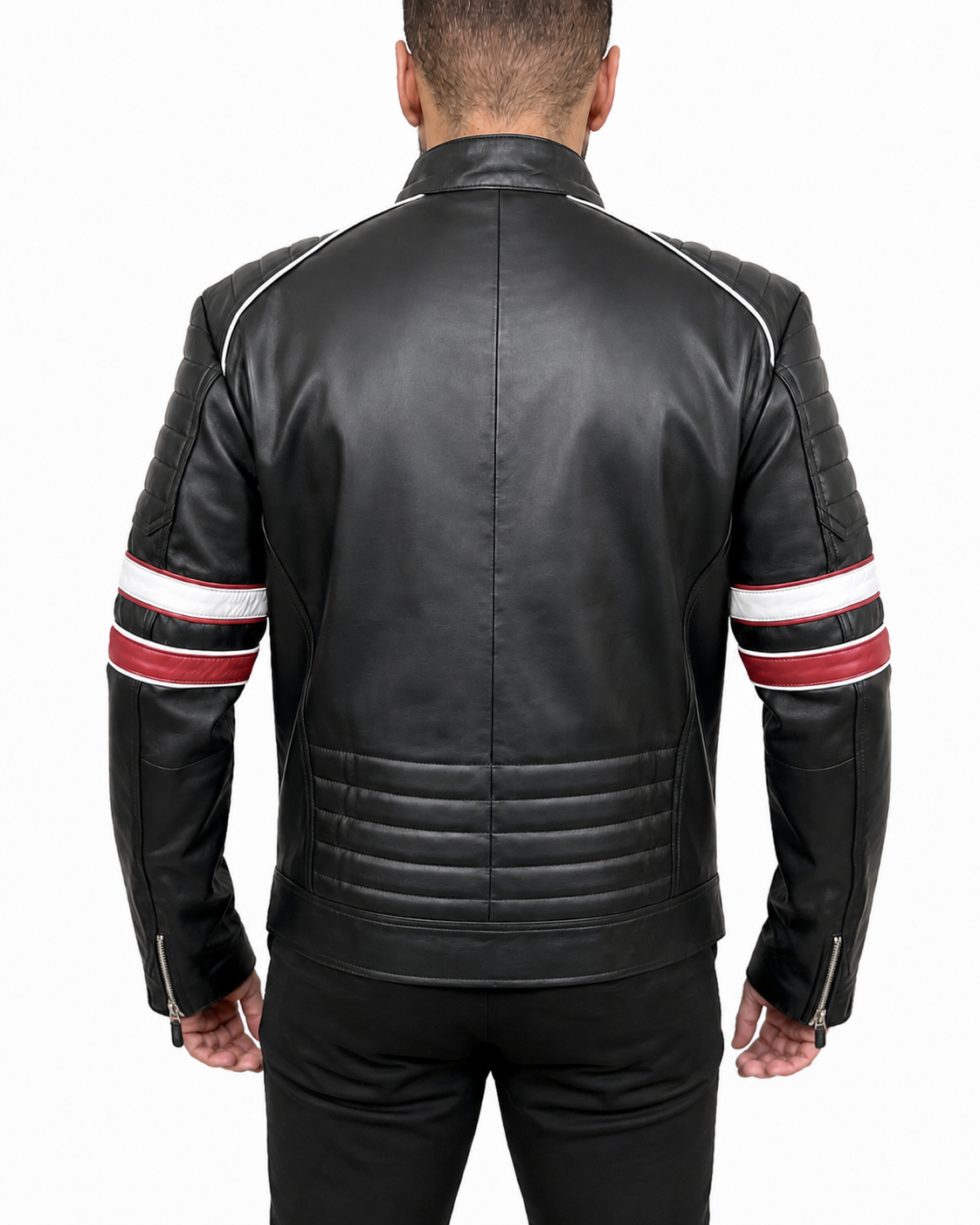 Classic biker real leather cafe racer jacket for men featuring zipped pockets and white–red arm detailing hands in pockets back pose.