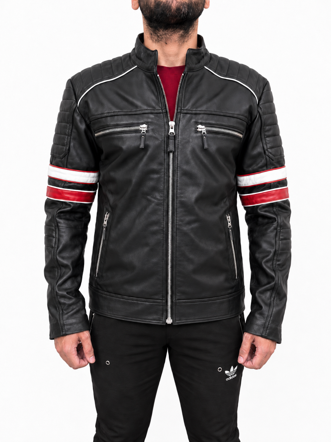 Men’s black cafe racer motorcycle jacket with red and white arm stripes made from real leather front view.