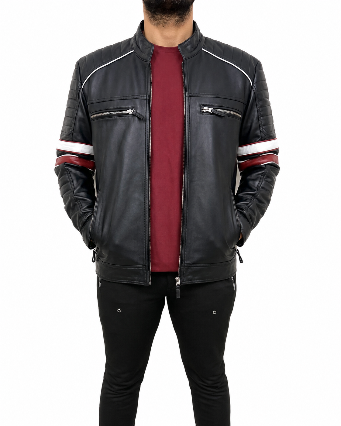 Men’s black cafe racer motorcycle jacket with red and white arm stripes made from real leather front view.