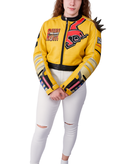 Front view of Kpop Demon Hunter Rumi Biker Style Women Real Leather Jacket in yellow leather with zipper closure, bold graphics, and biker fit.