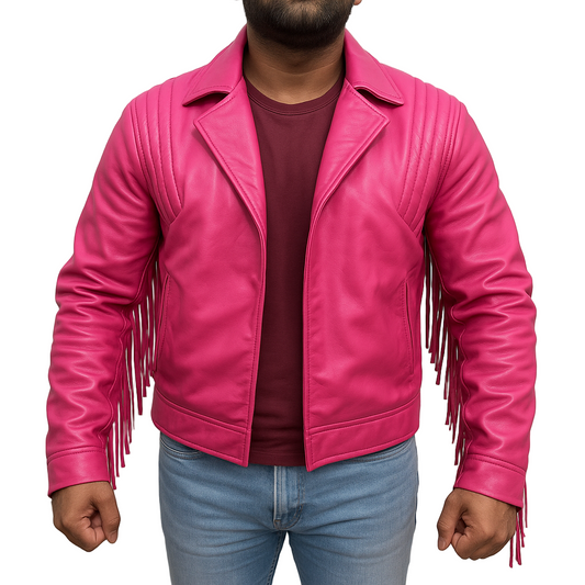 Jason Momoa Minecraft Garett the Garbage Man Garrison pink leather jacket with stitched panels and bold fringe details cosplay and fashion wear