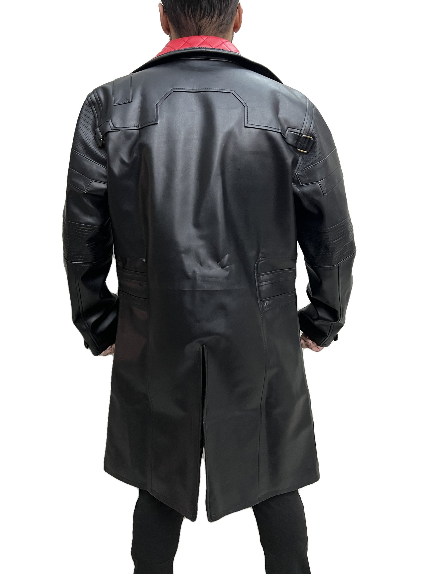 Cyberpunk Solomon Reed Idris Elba trench coat back view – black long leather coat with buckle strap details