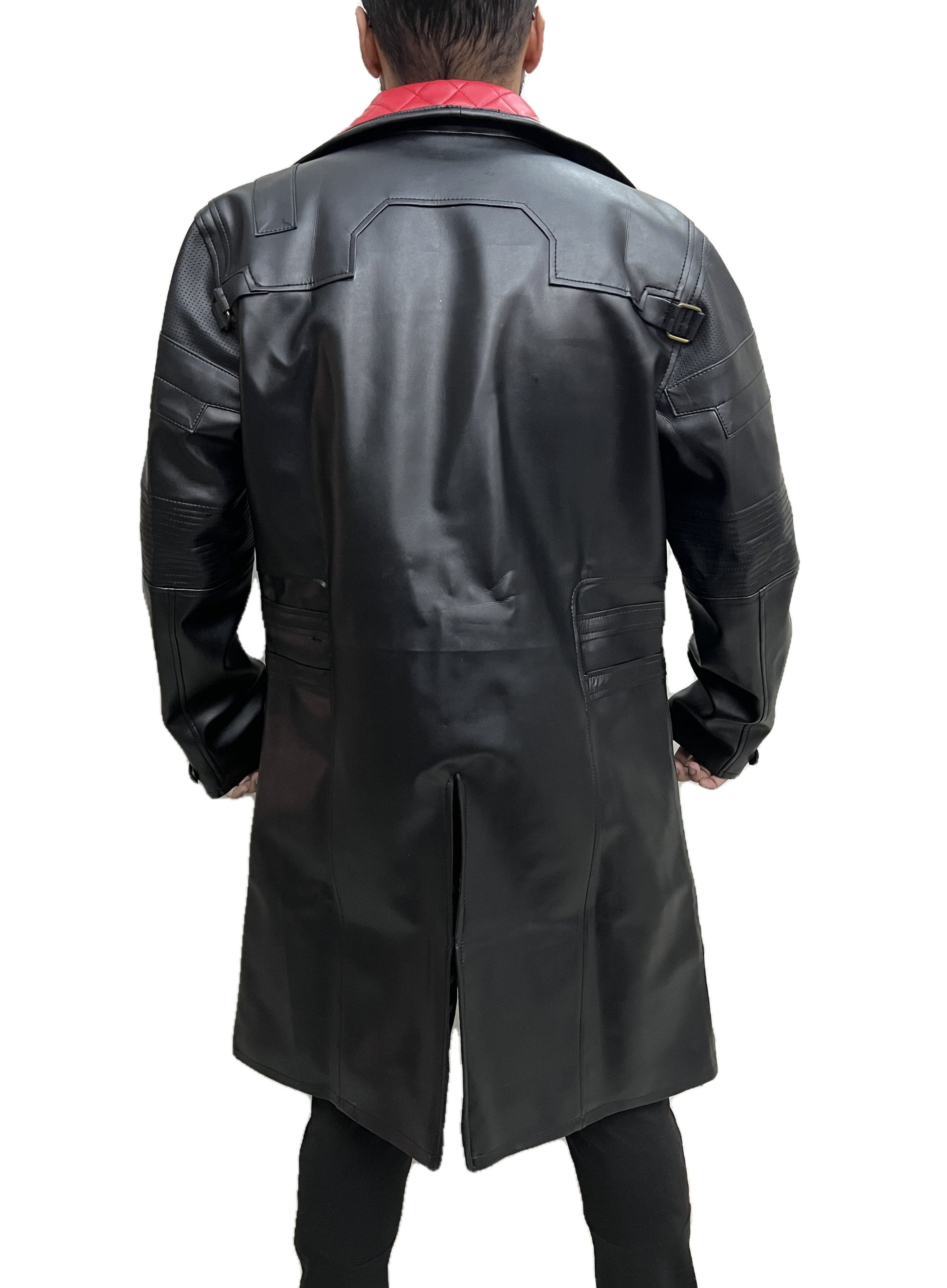 Cyberpunk Solomon Reed Idris Elba trench coat back view – black long leather coat with buckle strap details