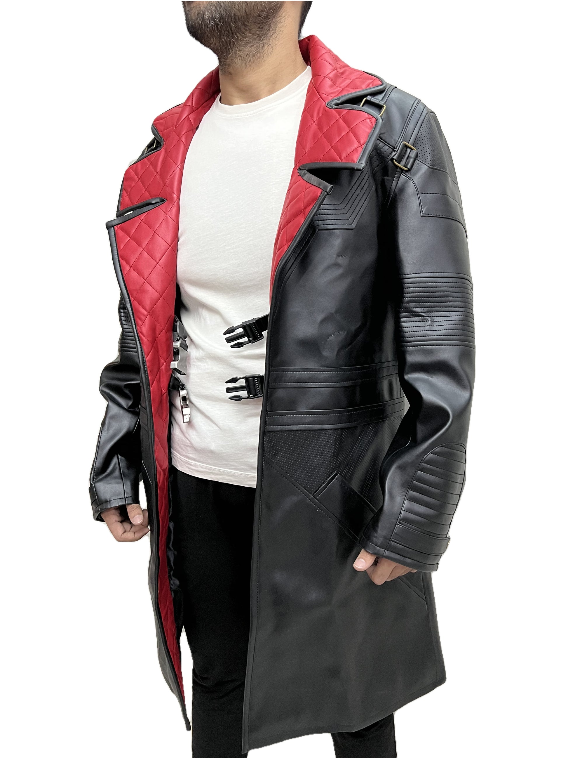 Cyberpunk Idris Elba Solomon Reed trench coat black with quilted red lining side view – long cyberpunk style leather coat