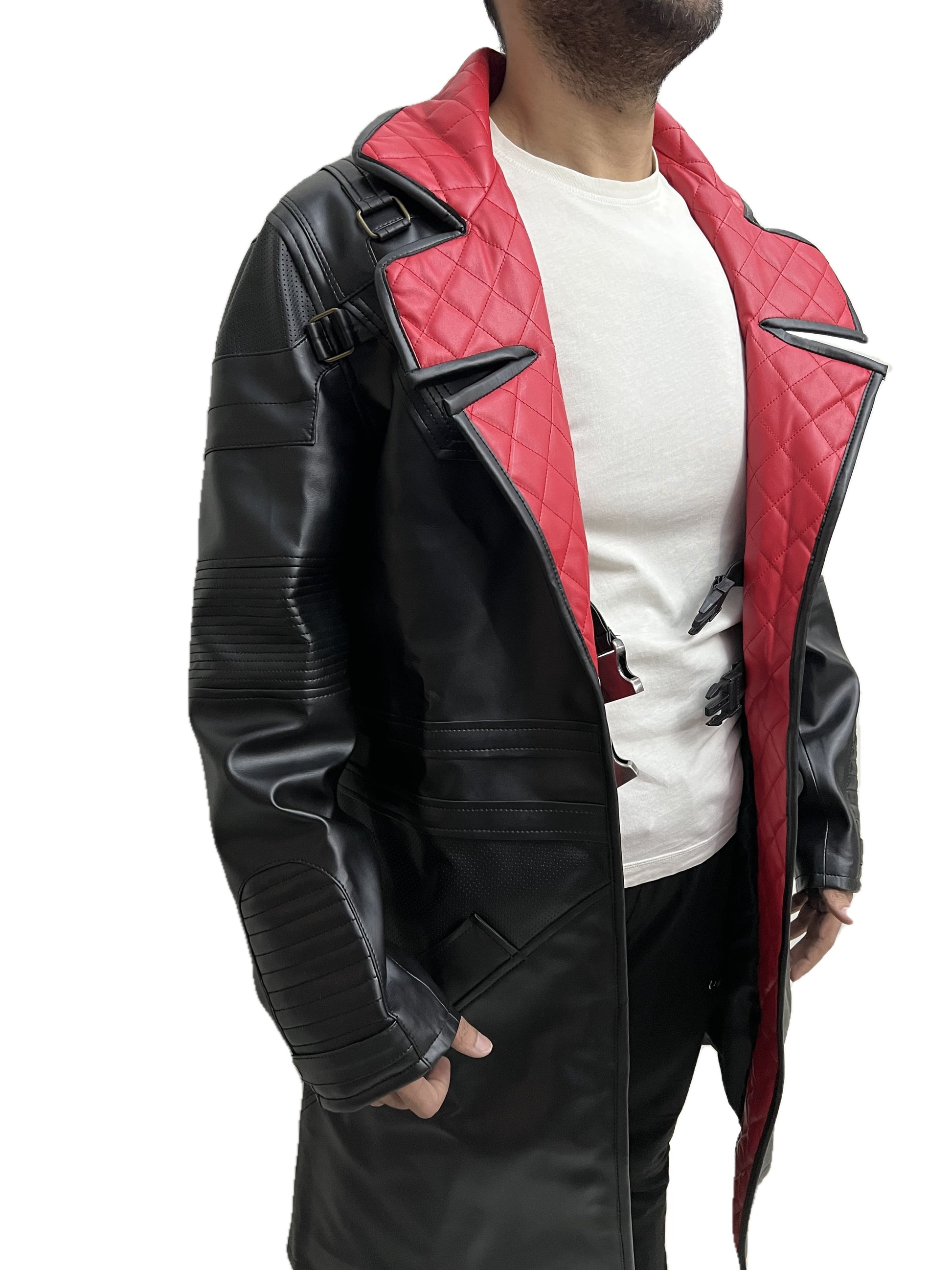 Cyberpunk Idris Elba Solomon Reed trench coat black with quilted red lining side view – long cyberpunk style leather coat