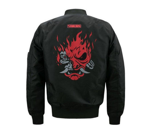 Cyberpunk Samurai Bomber Cotton Jacket back view – bold Samurai red flaming mask logo inspired by Cyberpunk 2077
