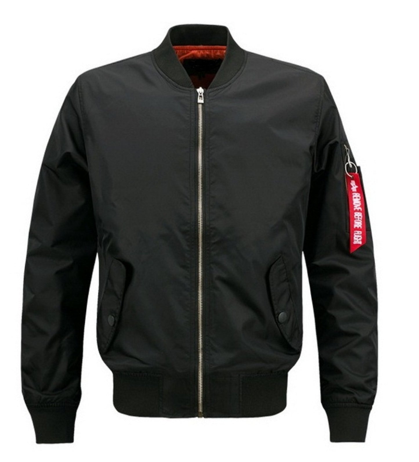 Cyberpunk Samurai Bomber Cotton Jacket front view – black cotton bomber with zipper closure and rib-knit collar