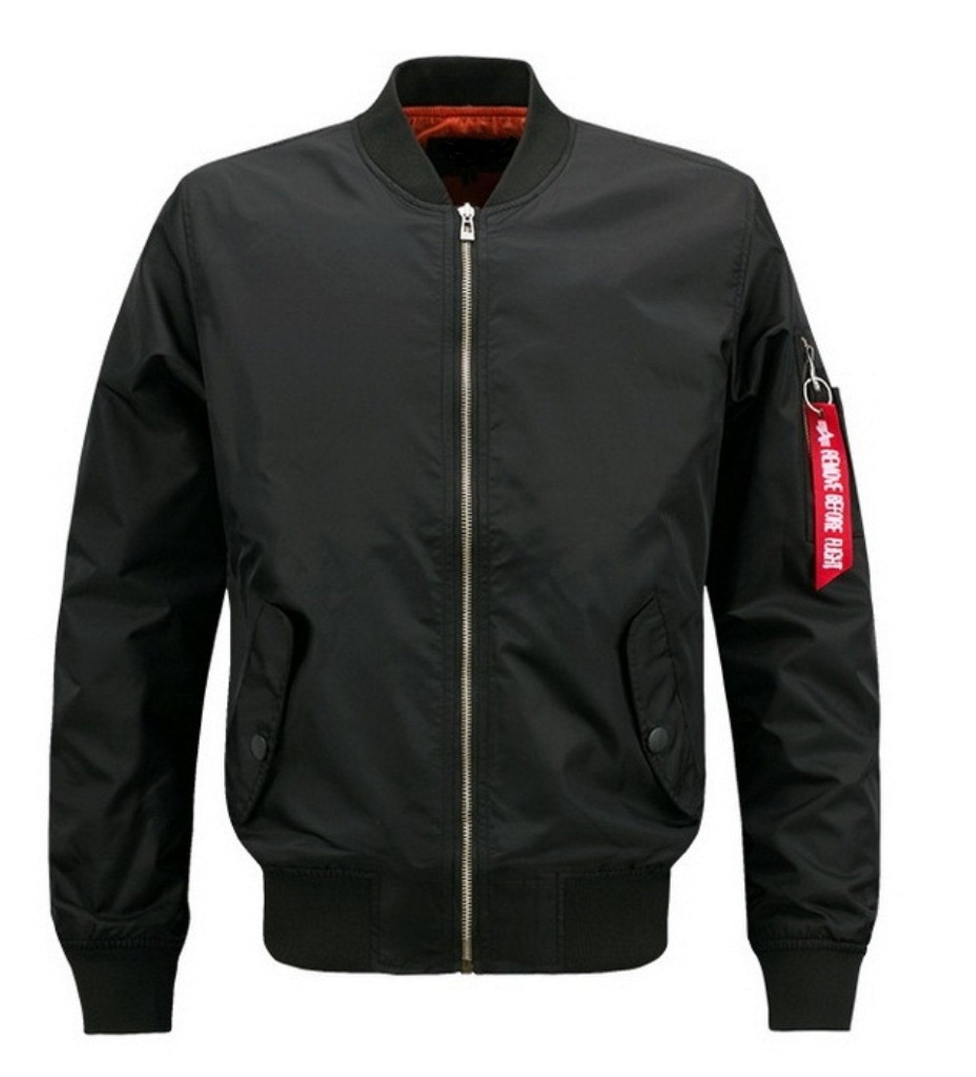 Cyberpunk Samurai Bomber Cotton Jacket front view – black cotton bomber with zipper closure and rib-knit collar