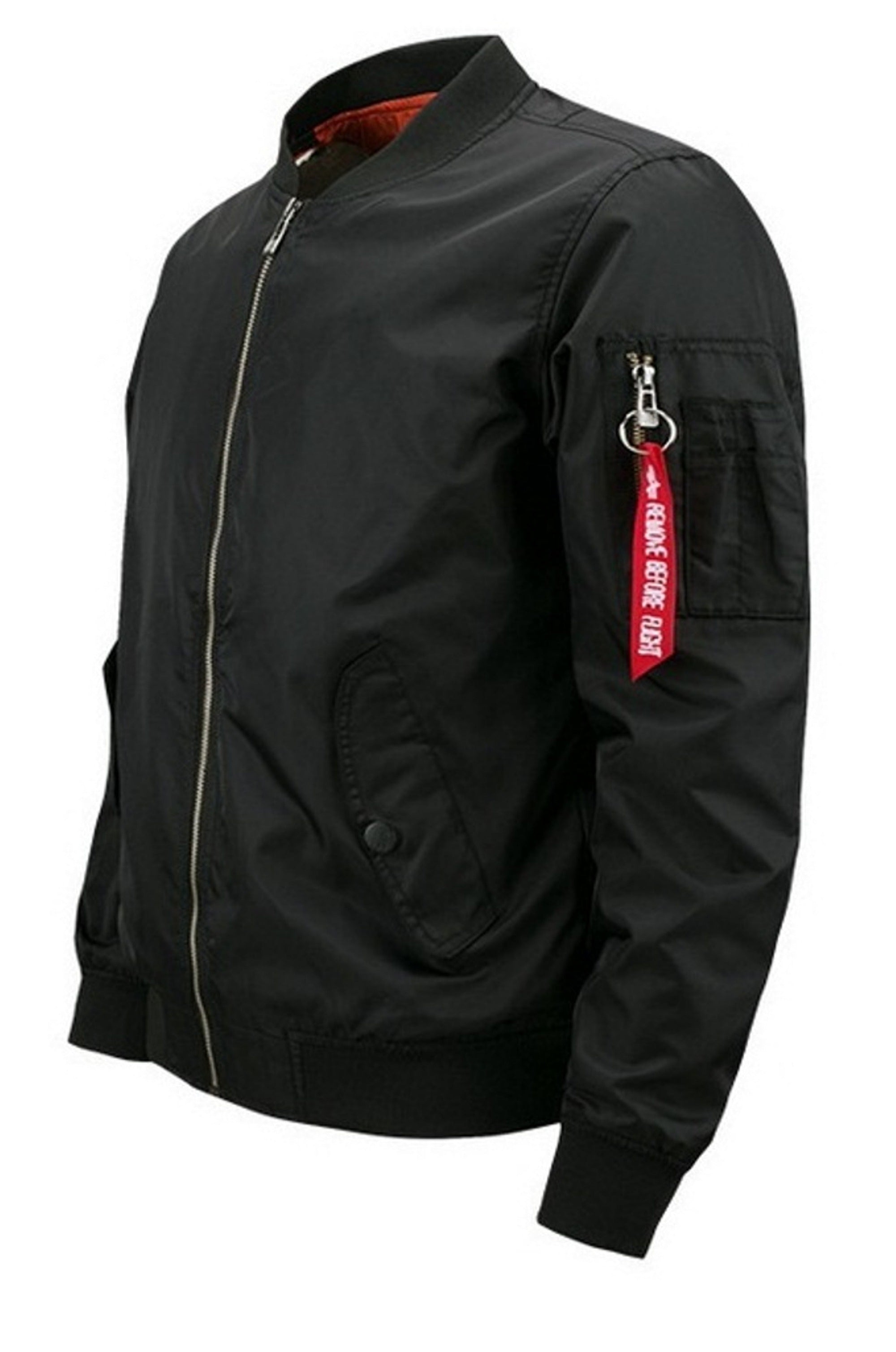 Cyberpunk Samurai Bomber Cotton Jacket side view – utility sleeve pocket with red tag and sleek cotton finish