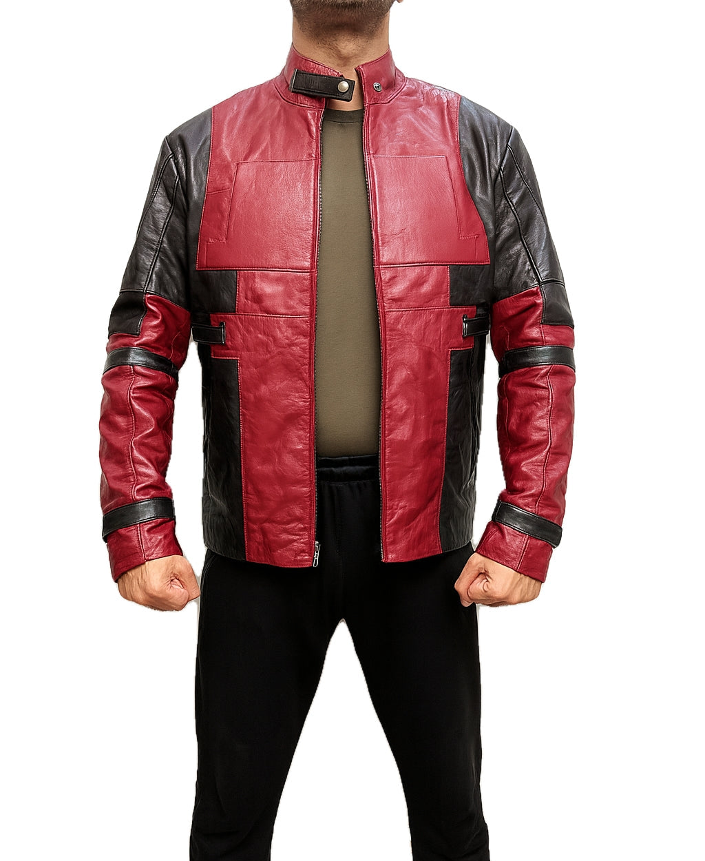 Front full-body view of Deadpool Wade Wilson Ryan Reynolds biker real leather jacket in red and black with zip front and strap sleeves on model