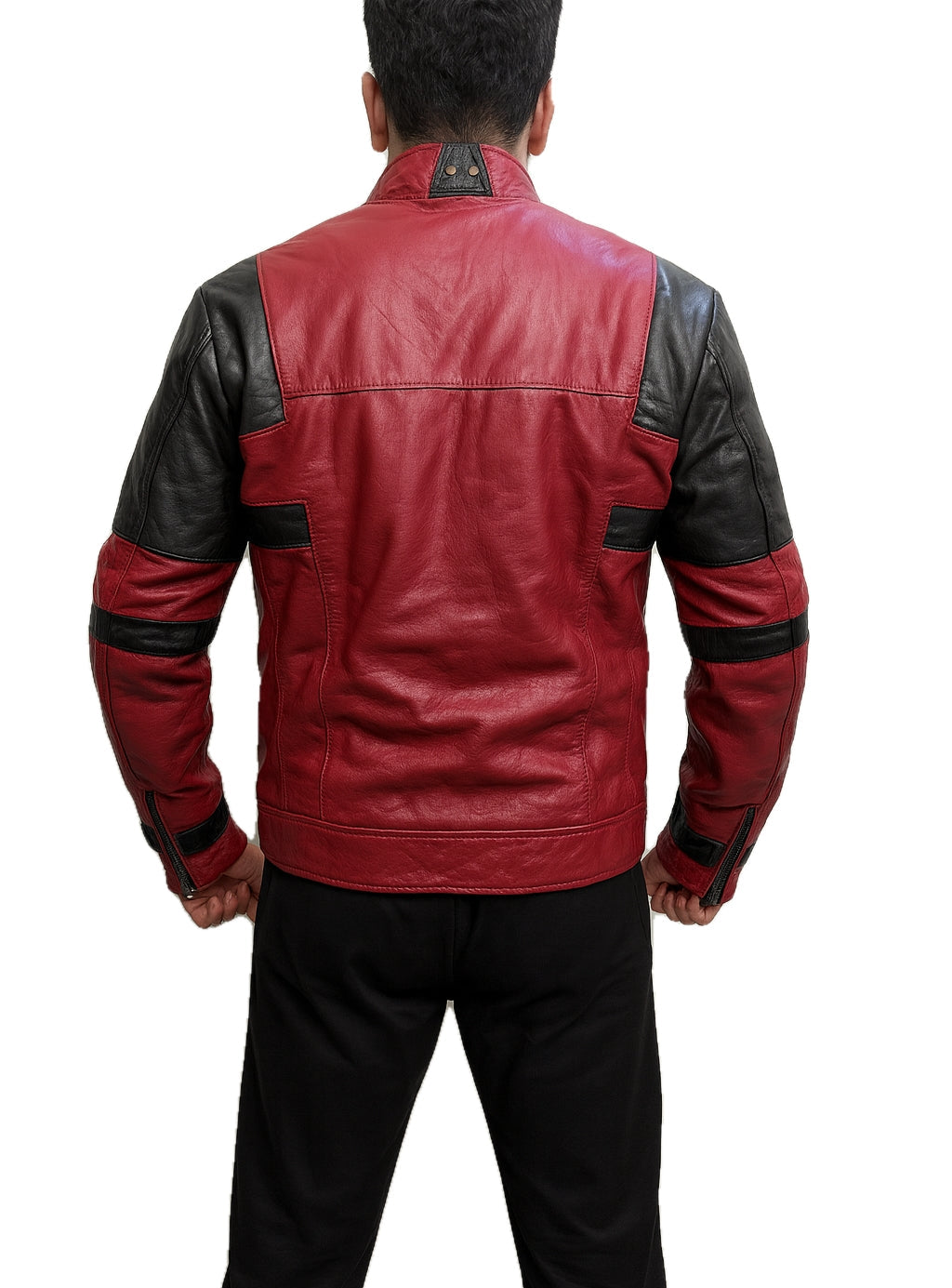 Back view of Deadpool movie-inspired red and black men’s real leather biker jacket showing panel design and waistband