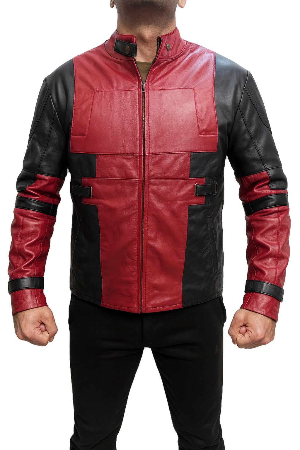 Close front view of Wade Wilson Deadpool real leather jacket, red/black panels, moto stand collar and central zipper on male model
